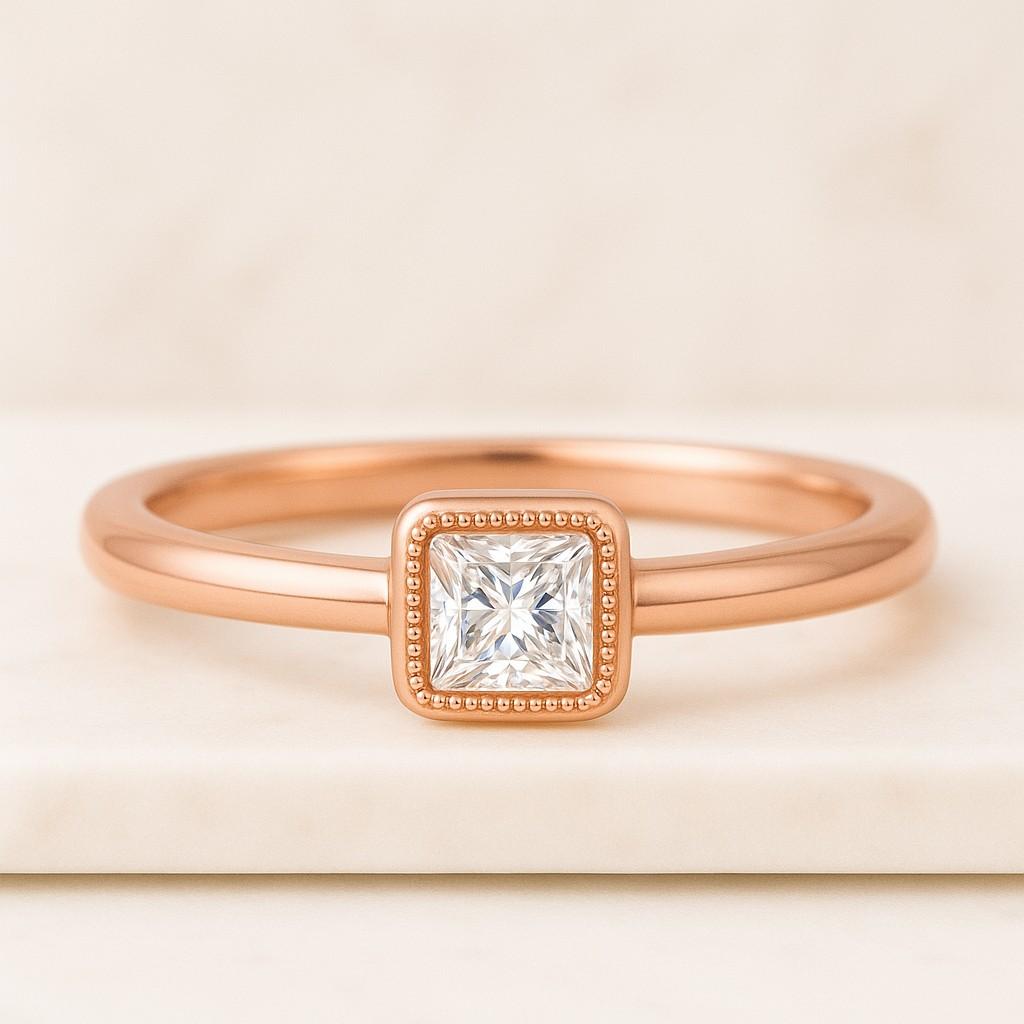 Milgrain Shank Wedding Ring Princess Cut moissanite Ring 14K White Gold Plated