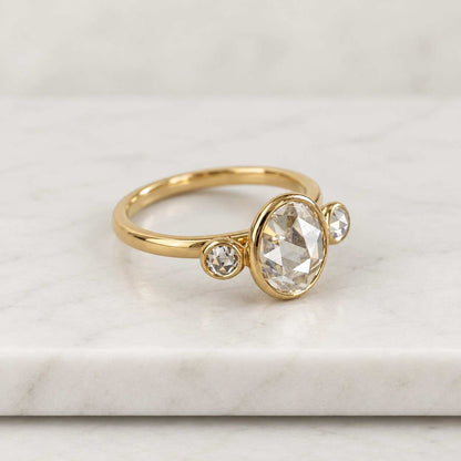 Rose Cut Lab Grown Diamond Engagement Ring Three Stone Oval Rose Cut Ring 2.0 CT Wedding Anniversary Gift Antique Handmade Jewelry
