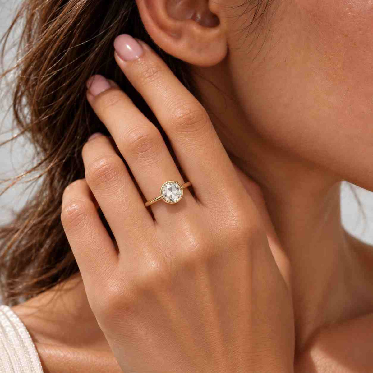 rose cut solitaire round engagement ring, rose cut lab diamond ring, yellow gold ring, unique bridal ring gift, bezel setting, perfect gift