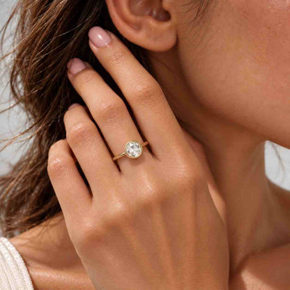 Rose Cut Solitaire Round Engagement Ring, Rose Cut Lab Diamond Ring, Yellow Gold Ring, Unique Bridal Ring Gift, Bezel setting, Perfect gift