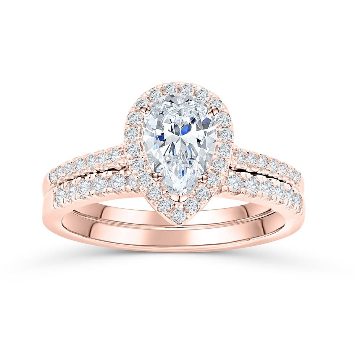 Rose Gold Pear Cut Diamond Halo Bridal Set Wedding Ring