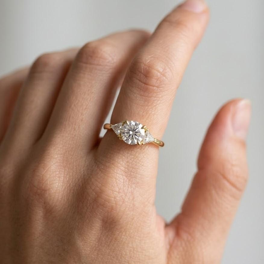 1.20 CT Round Cut Three Stone Engagement Ring 14K Yellow Gold Diamond Ring Triangle Side Stone Proposal Ring Bridal Jewelry Gift for Her
