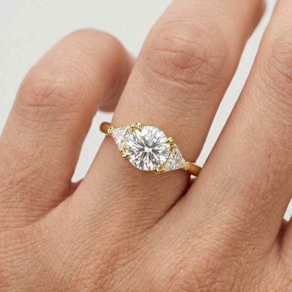 5 Ct Round Cut Moissanite Three Stone Engagement Ring, 14K White Gold Engagement Ring, Triangle Side Stone Ring, Unique Bridal Ring
