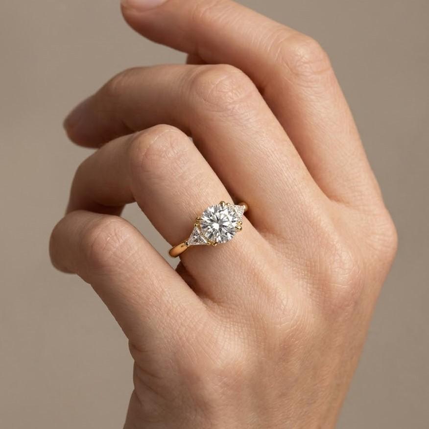 unique three stone moissanite engagement ring, 3 stone round cut engagement ring, 14k yellow gold cathedral set anniversary ring for gifts
