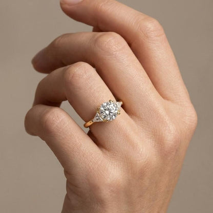 Unique Three Stone Moissanite Engagement Ring, 3 Stone Round Cut Engagement Ring, 14k Yellow Gold Cathedral Set Anniversary Ring for Gifts

