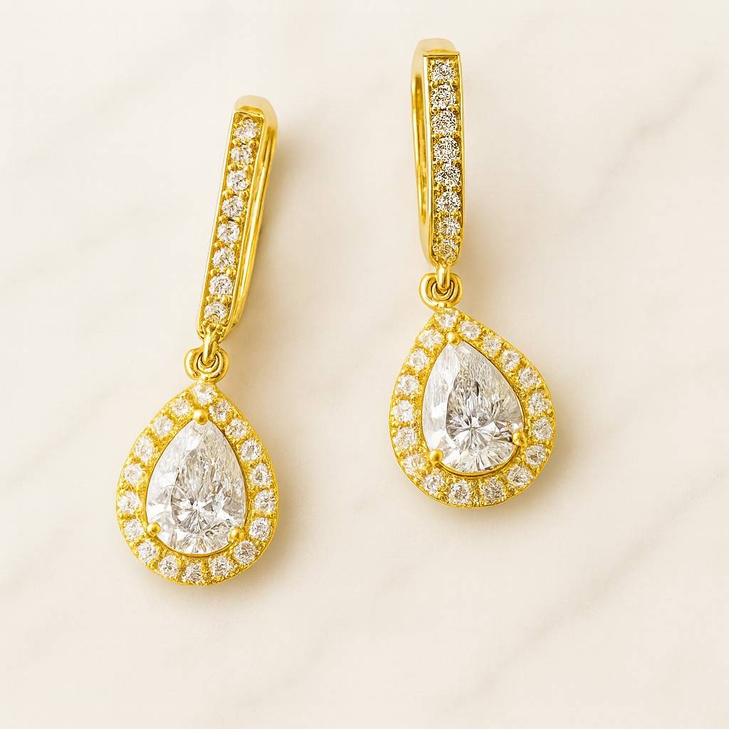 Round Cut Lab Grown Diamond Dangle Hoop Earrings Hexagon Shape Halo Dangle Earrings White Gold Natural Diamond Dainty Earrings For Women