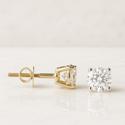 Round Lab Diamond Stud Earrings IGI Certified 6 Prong 14k Gold Setting