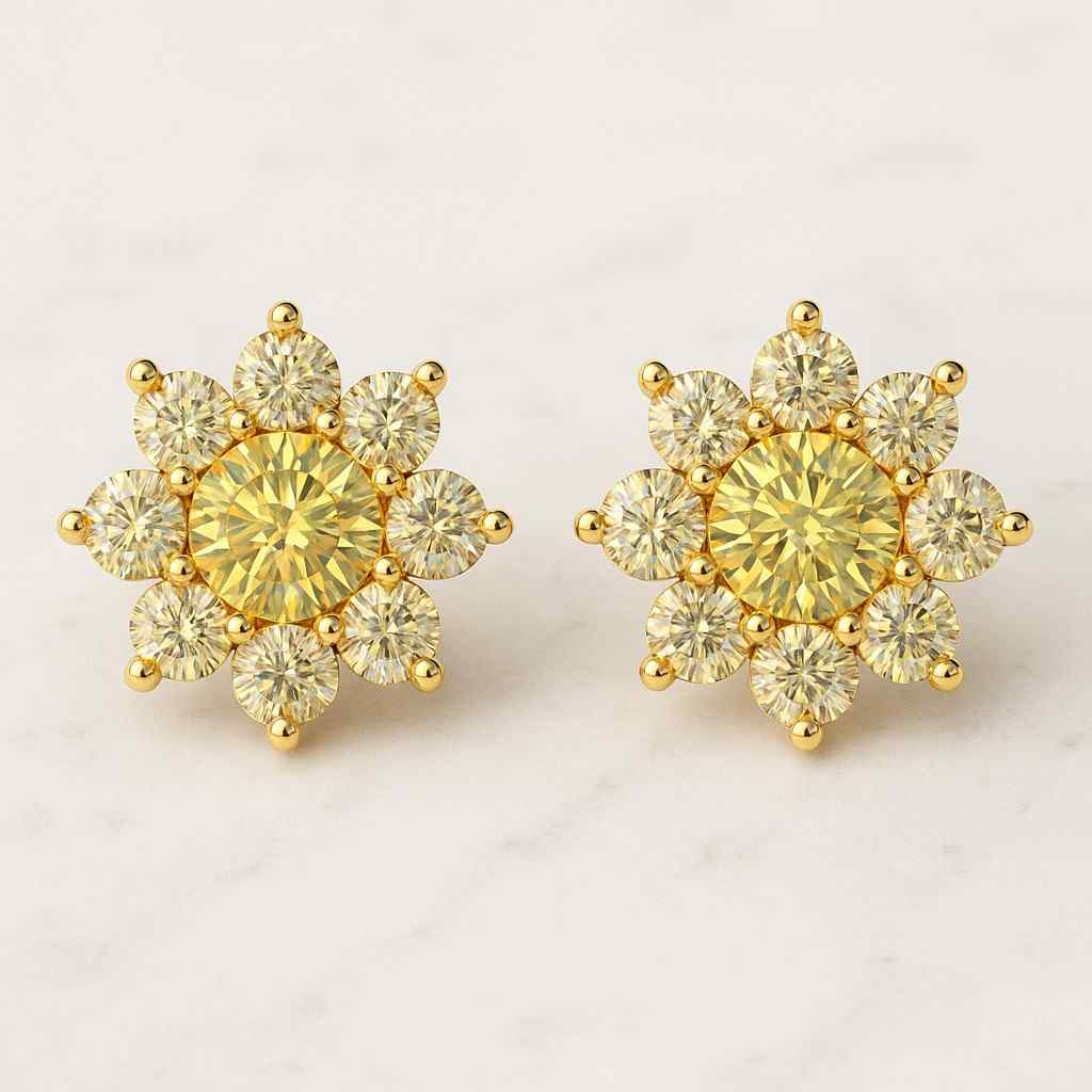 Round Lab Grown Diamond Cluster Earrings Yellow Colored Round Diamond Halo Stud Earrings