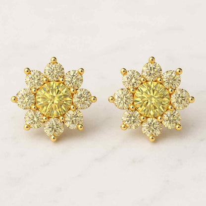 Round Lab Grown Diamond Cluster Earrings Yellow Colored Round Diamond Halo Stud Earrings