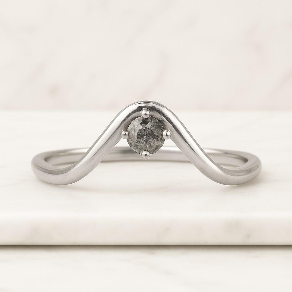 Chevron Curve Ring 14k Gold Wedding Band with Pave round moissanite Stackable Contour Ring for Women