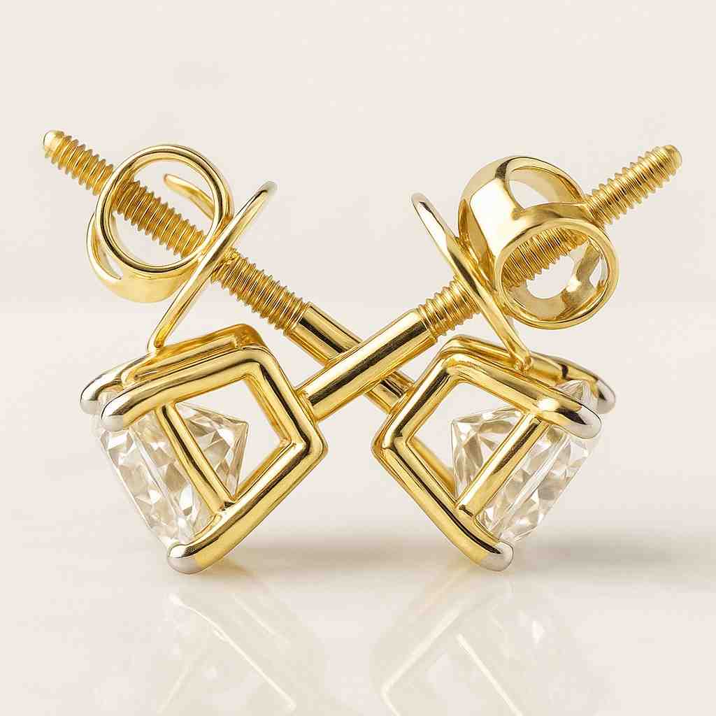 Round Lab Grown Diamond Earrings 925 Sterling Silver with 14K Gold Plating Screw Back Solitaire Basket Setting