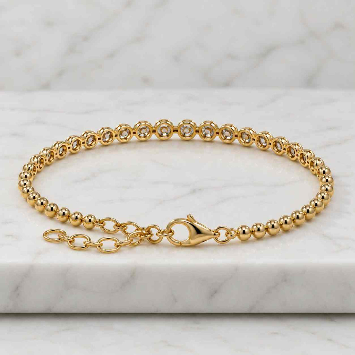Round Brilliant Cut Bezel Set Diamond Solitaire 14K Solid Gold Cuban Curb Link Bracelet
