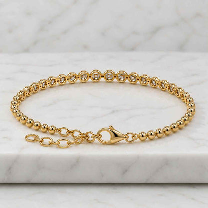 Round Brilliant Cut Bezel Set Diamond Solitaire 14K Solid Gold Cuban Curb Link Bracelet
