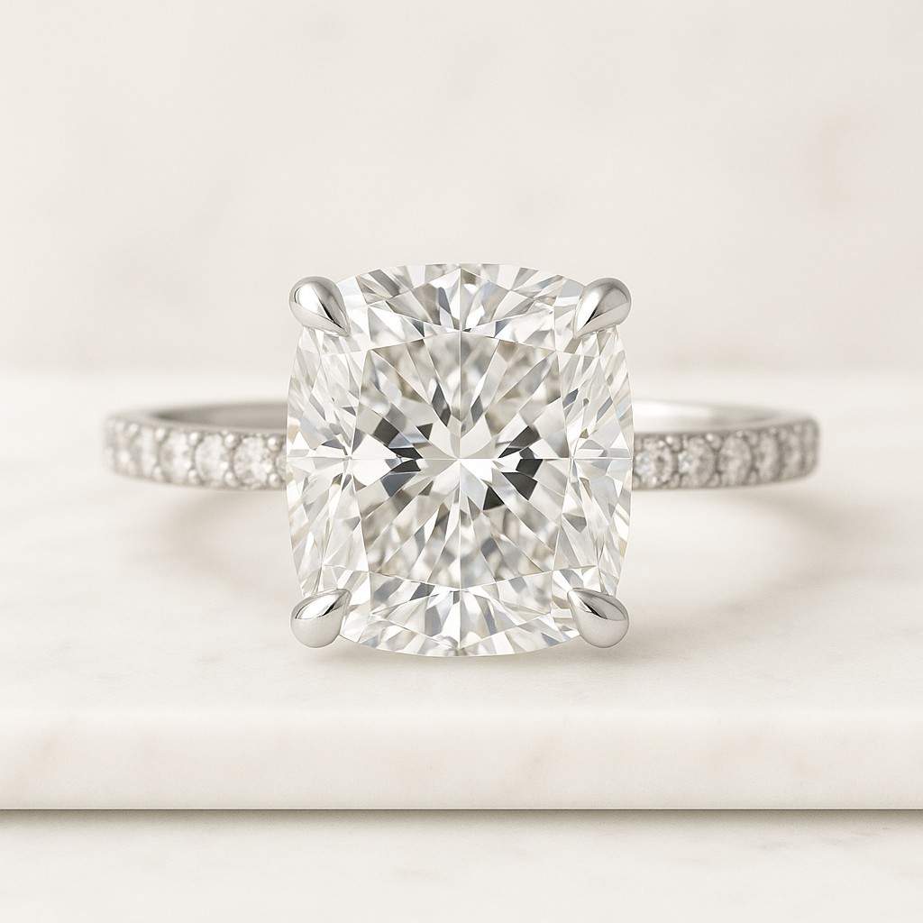 Round Brilliant Lab Grown Diamond Engagement Ring  Yellow Gold Pave Set Band Anniversary Gifts