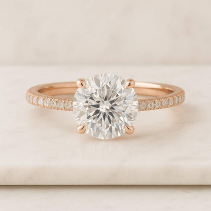 Round CZ Diamond Engagement Ring 14K White Gold Plated Round Diamond Ring Round Simulated Diamond Ring Pave Diamond Ring Anniversary Gift