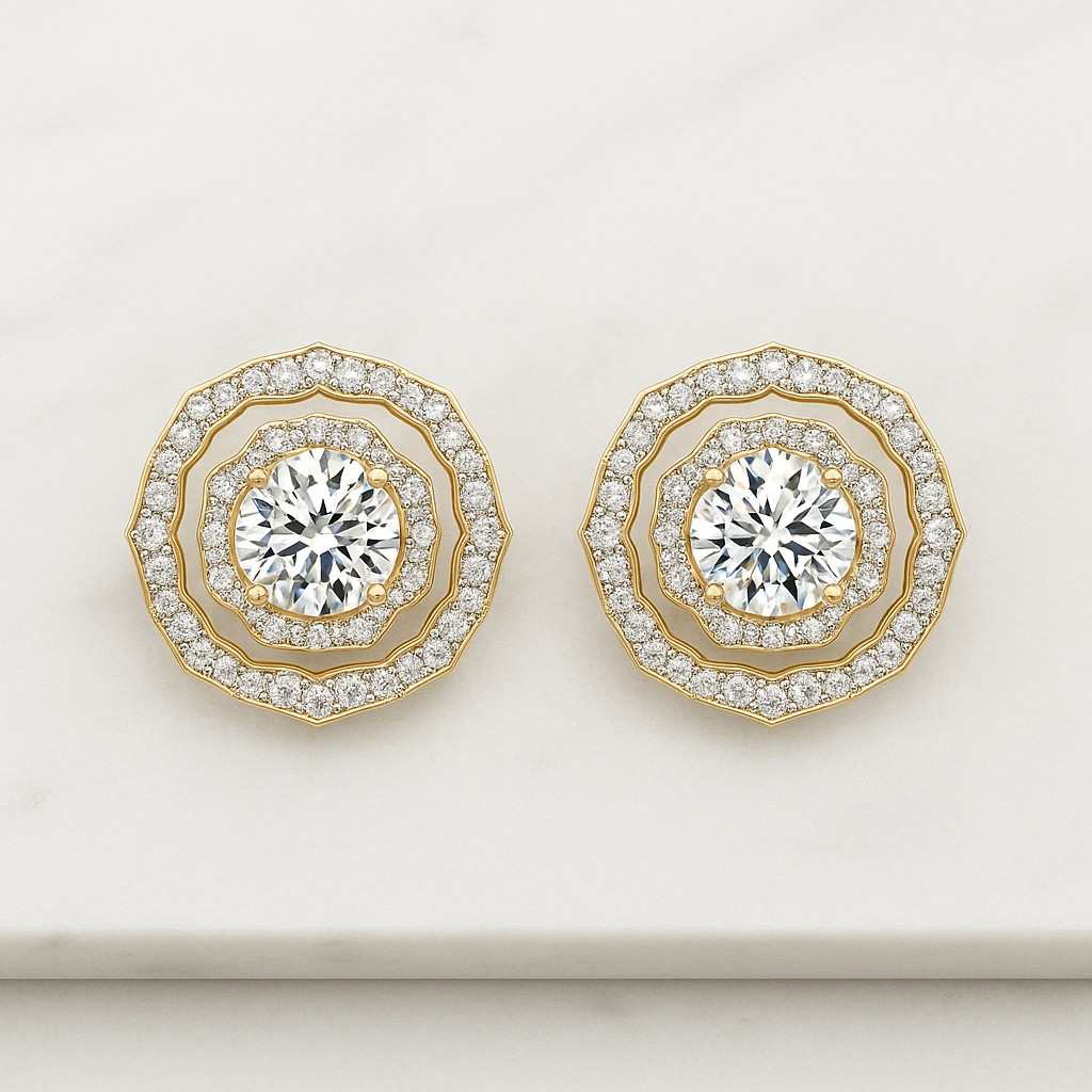 Round CZ Stud Earrings Wedding Jewelry Cubic Circle Post Earrings Real 14K Gold Rhodium Plated