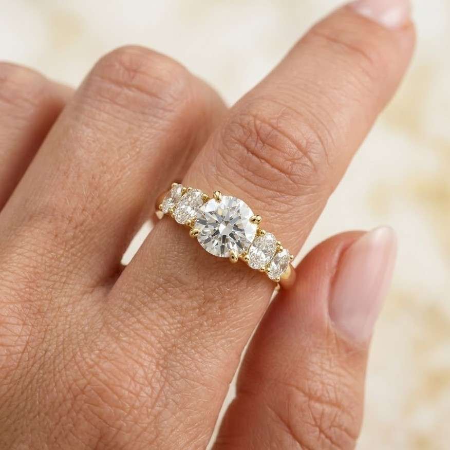 Round Cut CVD Diamond Five Stone Ring, EF-VS Clarity Lab Diamond Wedding Ring, 14K Solid Gold Engagement Ring, Claw Prong Set Diamond Ring
