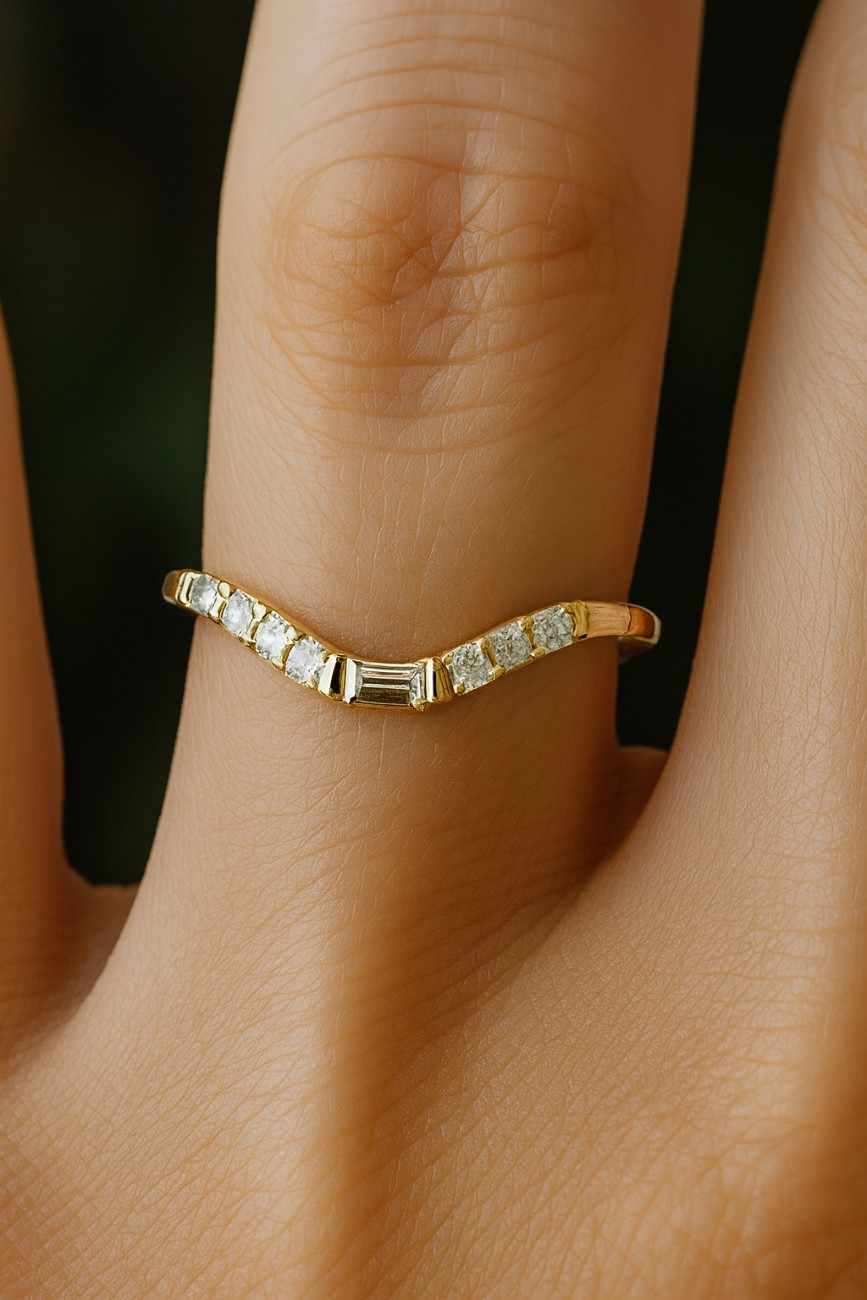 Round Cut Colorless Moissanite Engagement Band, Curved Two Row Band, Round Stackable Half Eternity Band