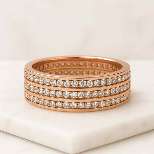 Round Cut Colorless Moissanite Engagement Ring Multi Row Pave Eternity Wedding Band