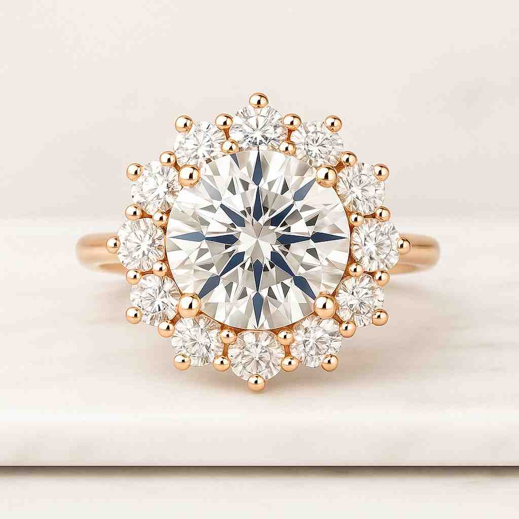 Round Cut Diamond Anniversary Ring Genuine Lab Grown Diamond Ring Birthday Gifts Hidden Halo Solitaire Ring Dainty Pave Band 14K Gold Ring IGI Certified