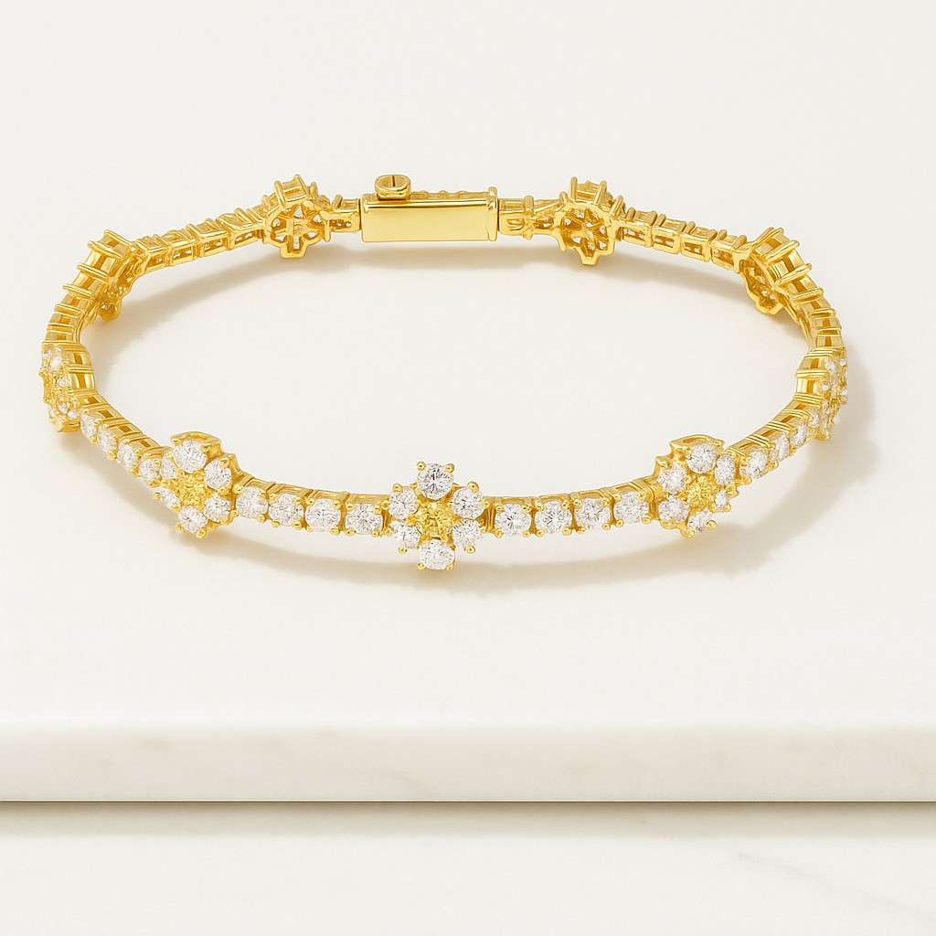 Round Cut Diamond Floral Bracelet Lab Grown Diamond Gold Tone Elegant Gift for Her