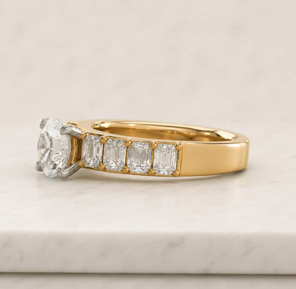 Round Cut Diamond Halo Engagement Ring, Gold Pavé Bridal Band, Anniversary Gift
