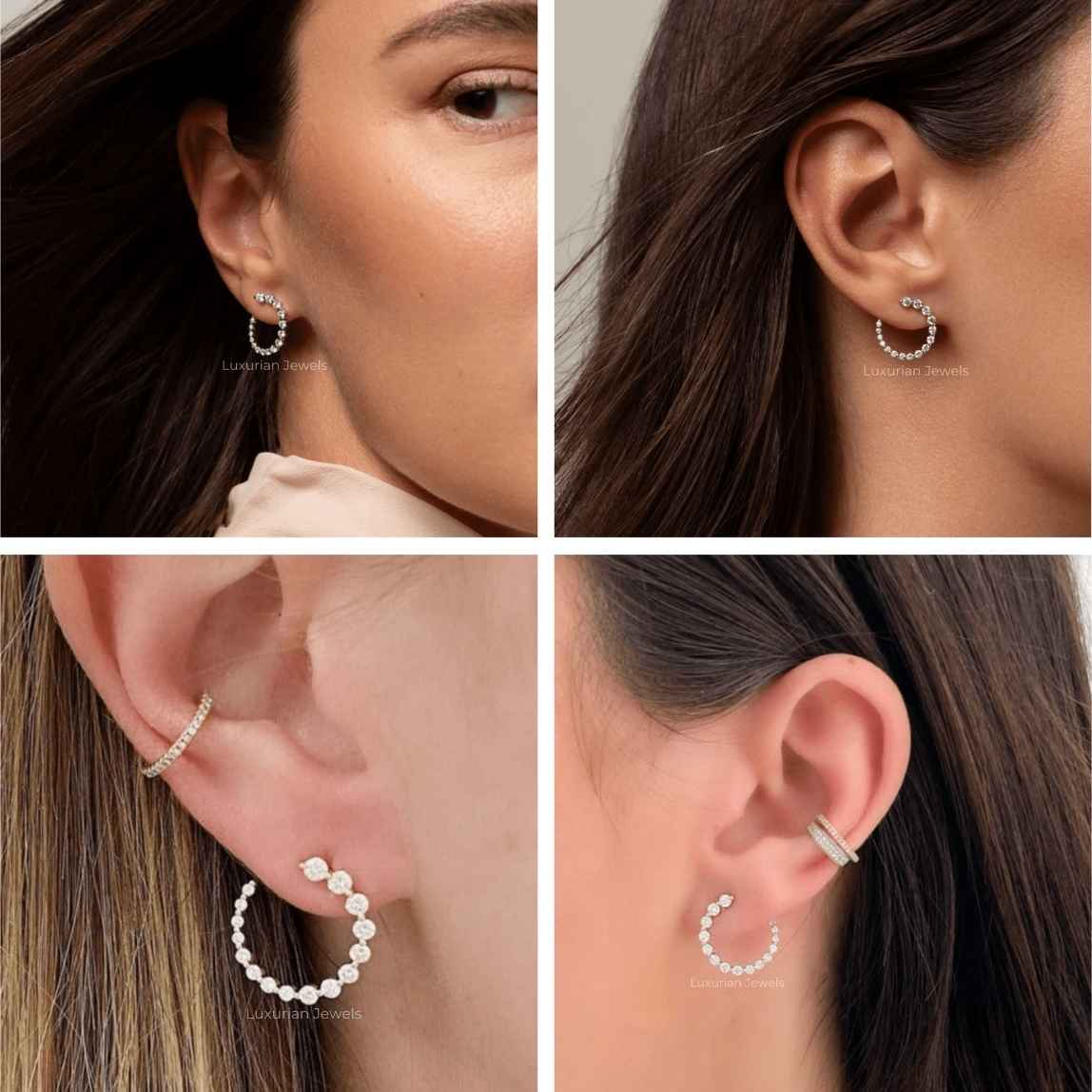 Round Cut Diamond Hoop Earring, Lab-Created Diamond, 14K White Gold Prong Set, Anniversary Gift