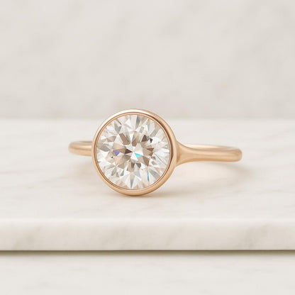 Round Cut Engagement Ring, Solitaire Bezel Set Ring Set, Five Stone Bezel Set Wedding Band Gift For Her