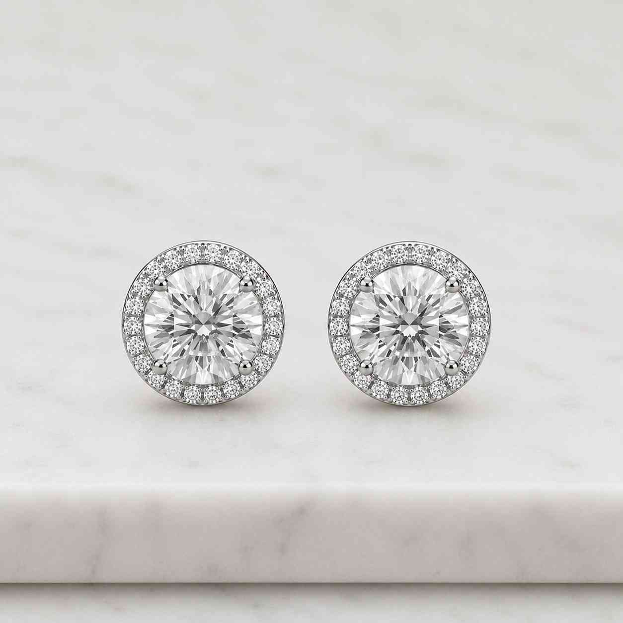 Round Cut Lab Grown Diamond Halo Earrings, Round Solitaire Gold Studs, 14K Gold Minimal Bridal Earrings
