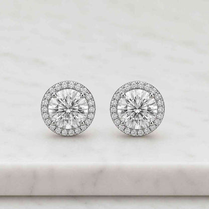 Round Cut Lab Grown Diamond Halo Earrings, Round Solitaire Gold Studs, 14K Gold Minimal Bridal Earrings
