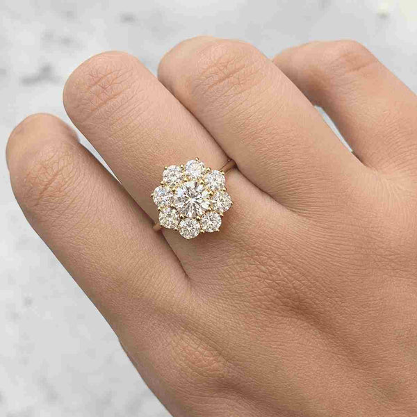 Round Cut IGI-Certified Lab Grown Diamond Engagement Ring, 14K Gold Hidden Halo Wedding Ring, Marquise & Round Side Stone Bubble Prong Band