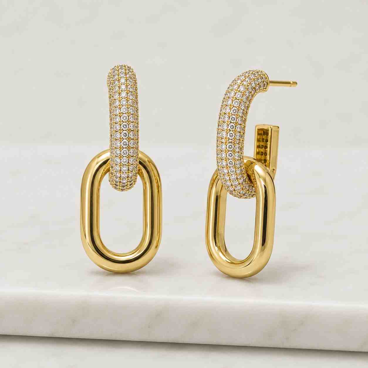 round cut lab diamond double hoop link earrings, 14k yellow gold black enamel dangle earrings, lever back closure earrings, earrings for her