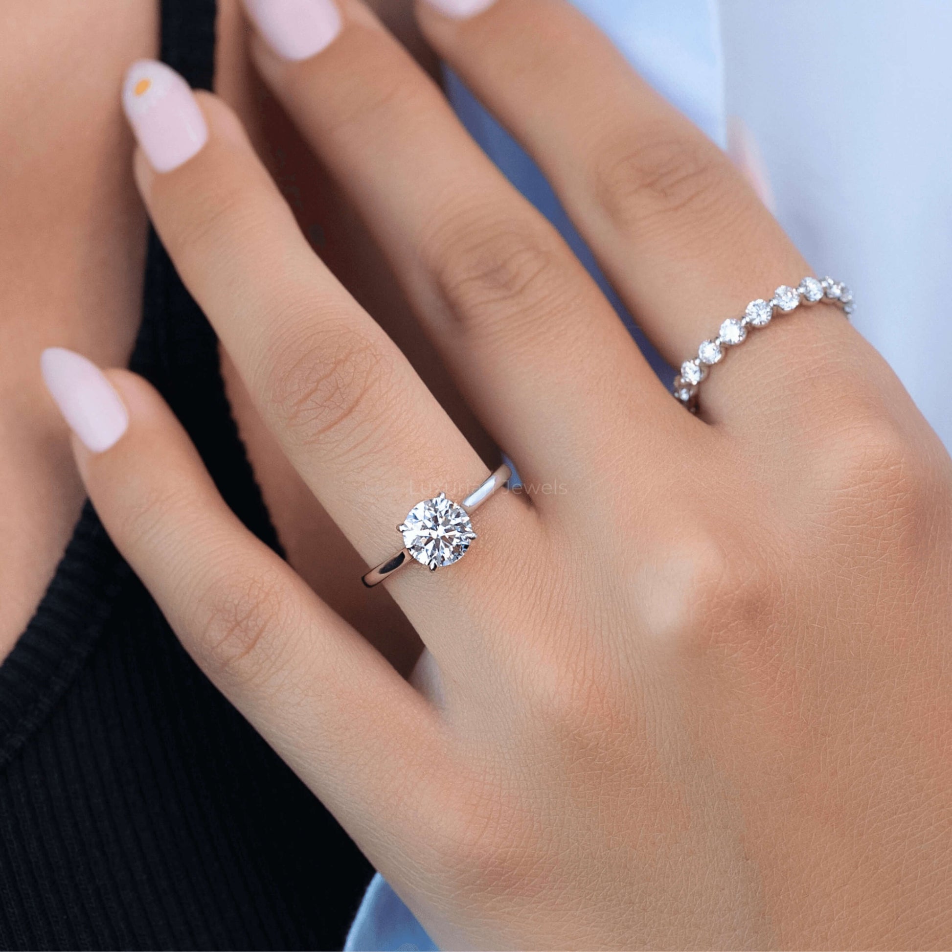 Round Cut Lab Diamond Engagement Ring With Hidden Halo