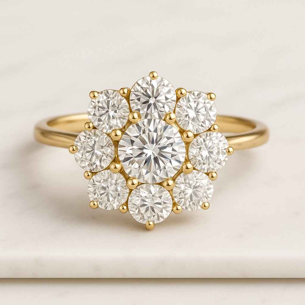 Round Cut Lab Diamond Flower Cluster Engagement Ring 14k Yellow Gold Over Wedding Ring