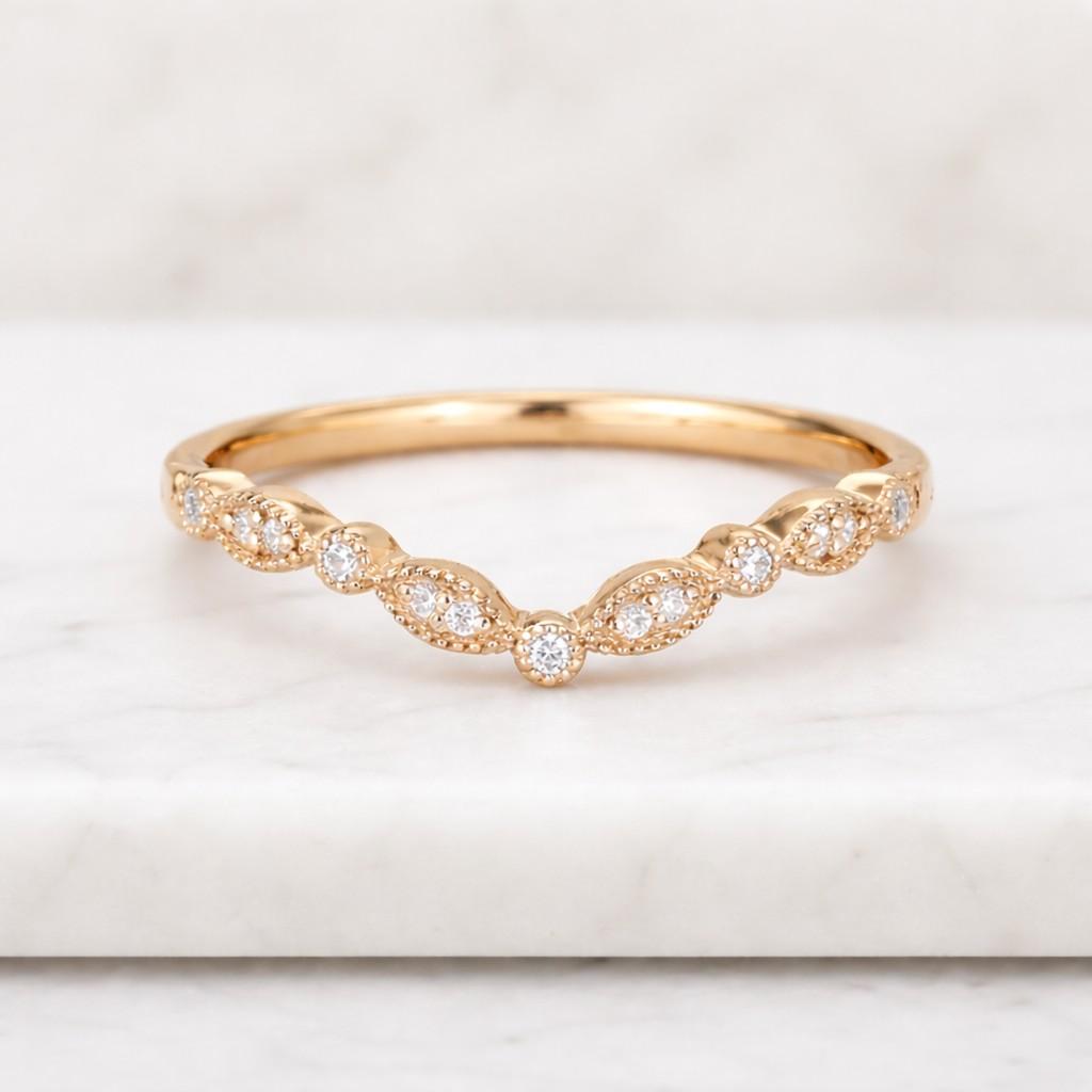 Round Cut Lab Grown Curved Wedding Band Milgrain Design Ring
