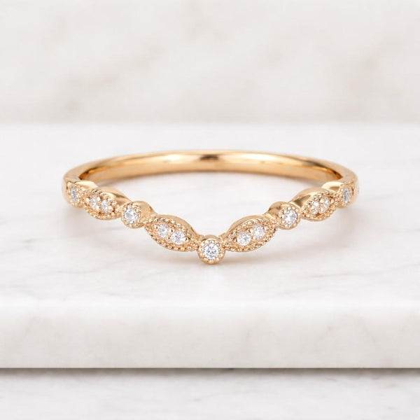 Round Cut Lab Grown Curved Wedding Band Milgrain Design Ring
