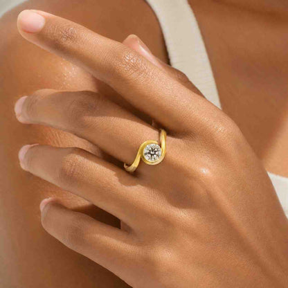 Round Cut Lab Grown Diamond Bypass Ring: 18K Yellow Gold Bezel Engagement Ring