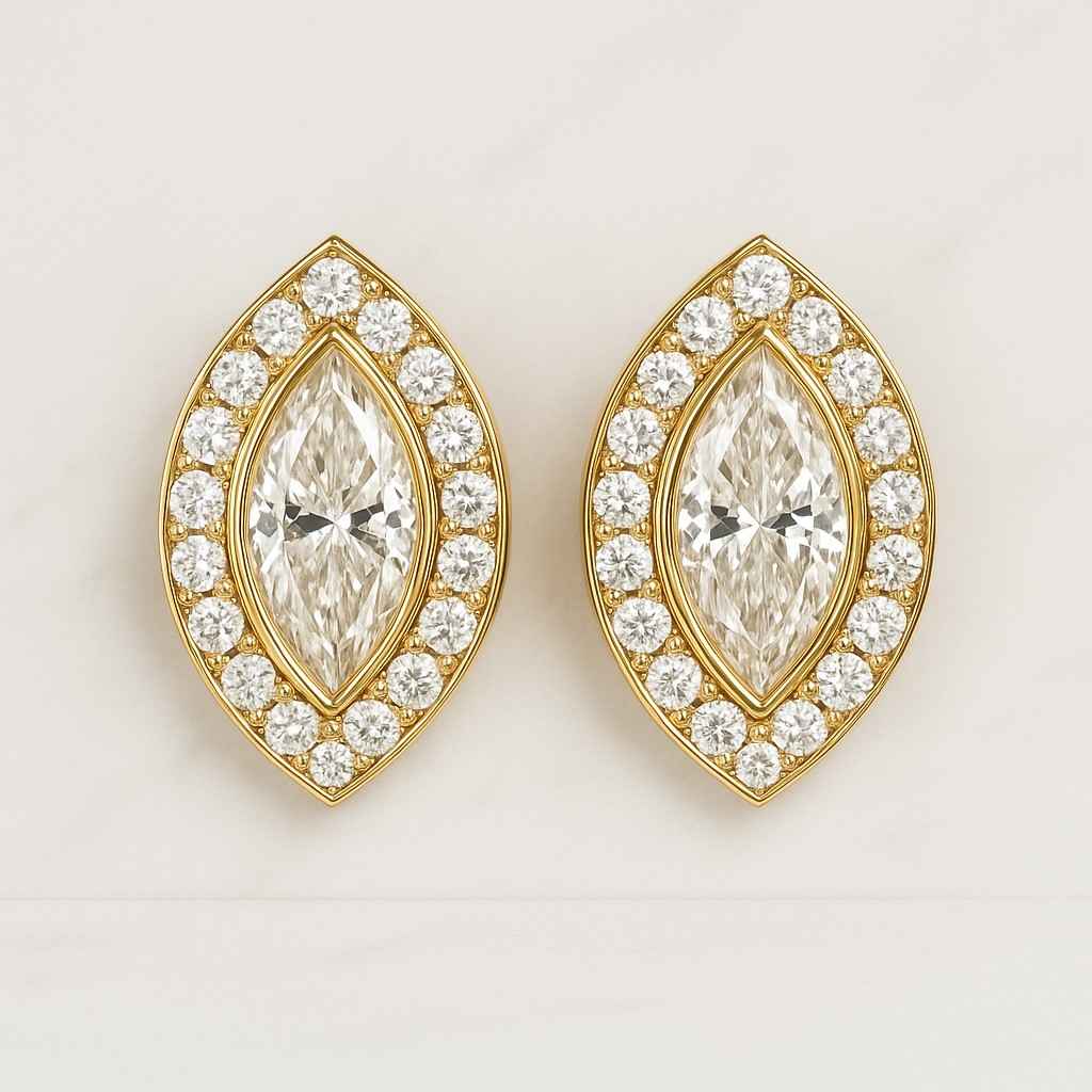 Round Cut Lab Grown Diamond Cluster Earrings, Prong Set Marquise Diamond Halo Stud Earrings Marquise Diamond Halo Stud Earrings 14K Gold IGI Certified Lab Grown Diamond