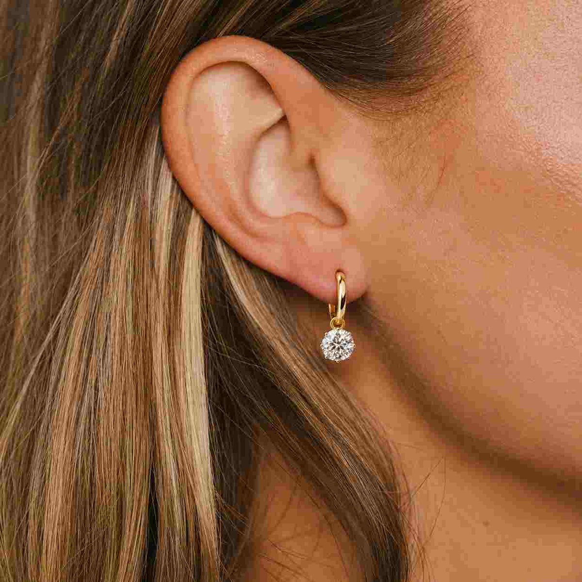 OEC Round Cut Lab Grown Diamond Dangle Drop Earrings / Handcrafted Diamond Hoop Bridal Earrings / 14K Solid Gold Diamond Wedding Earrings

