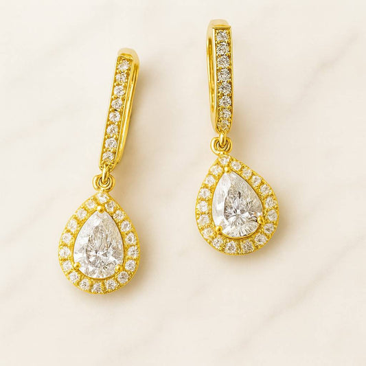 Round Cut Lab Grown Diamond Dangle Hoop Earrings Hexagon Shape Halo Dangle Earrings White Gold Natural Diamond Dainty Earrings For Women