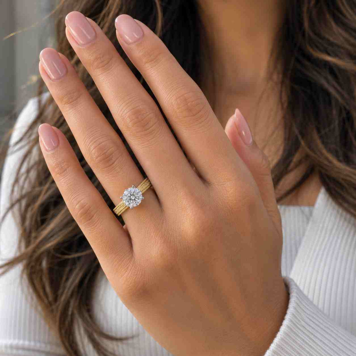 round cut lab grown diamond engagement ring, 1.5ct diamond 14k gold engraved wedding ring, leaf inspired promise ring for her, proposal gift