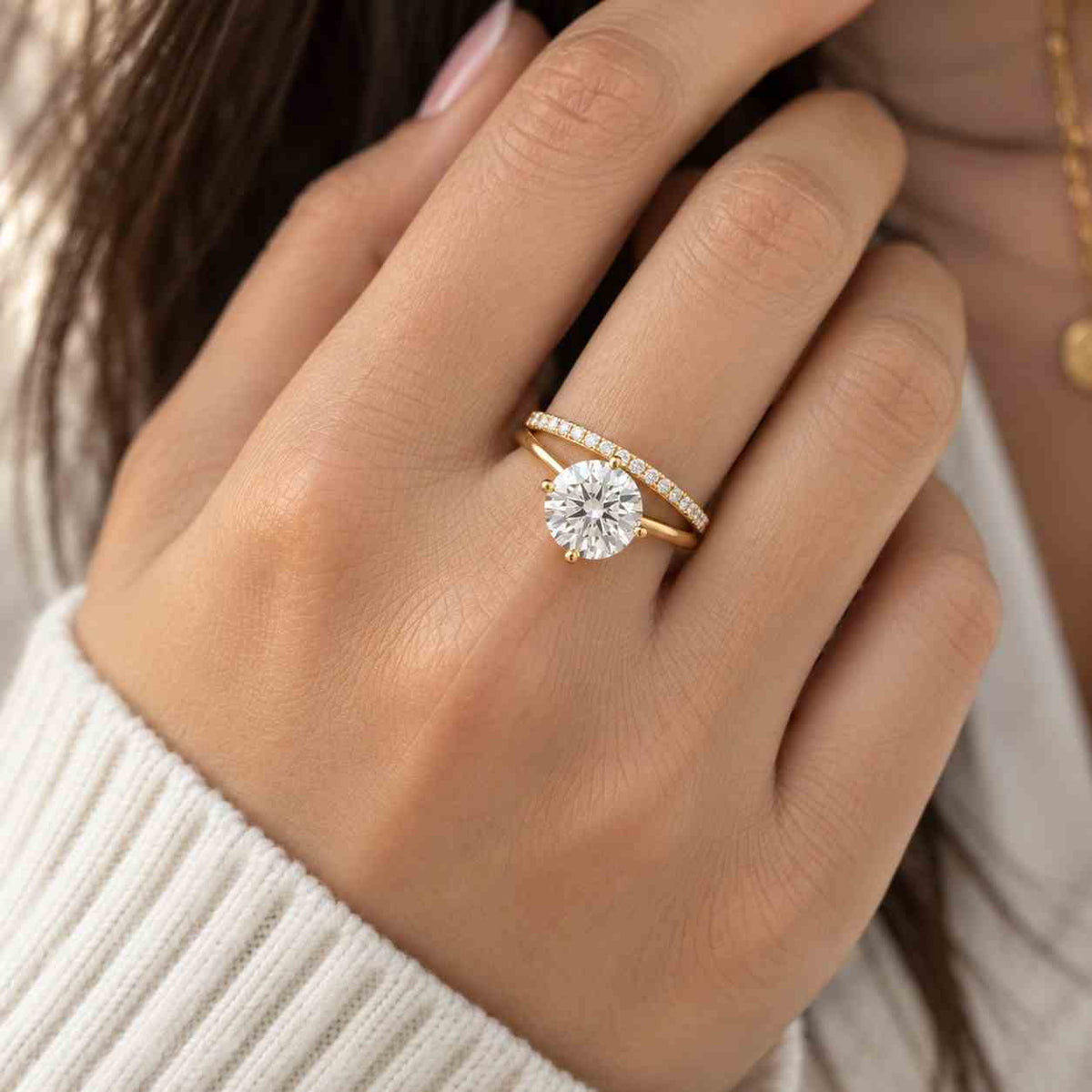 round cut lab grown diamond engagement ring 14k solid gold bypass band pave set diamond ring modern anniversary ring gift for her
