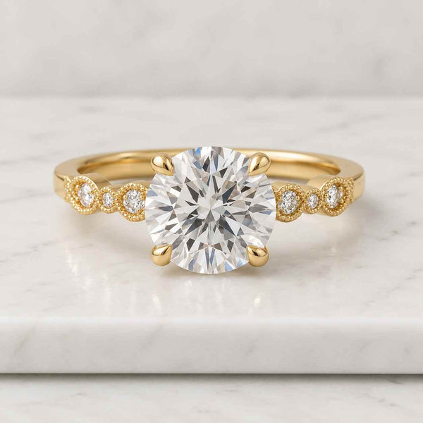 Round Cut Lab Grown Diamond Engagement Ring | Hidden Halo with Pave Round Diamonds | IGI Certified | 10k 14k 18k Gold, Platinum & Silver