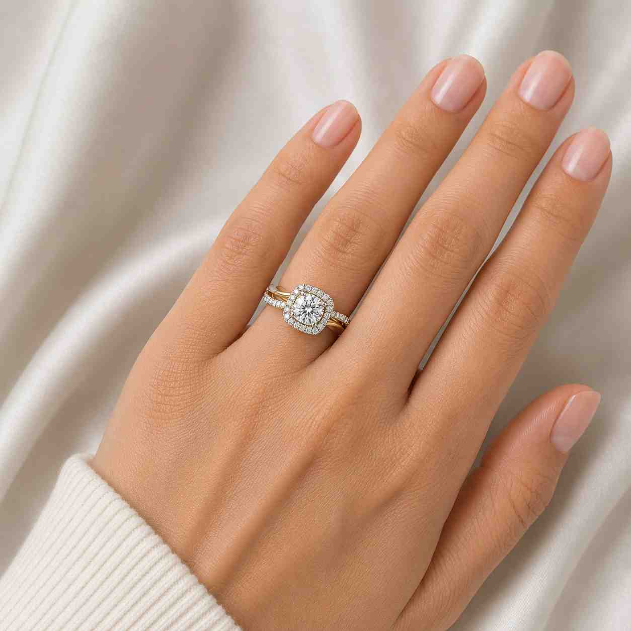 round cut lab grown diamond engagement ring, infinity twist band, 14k rose gold halo wedding ring
