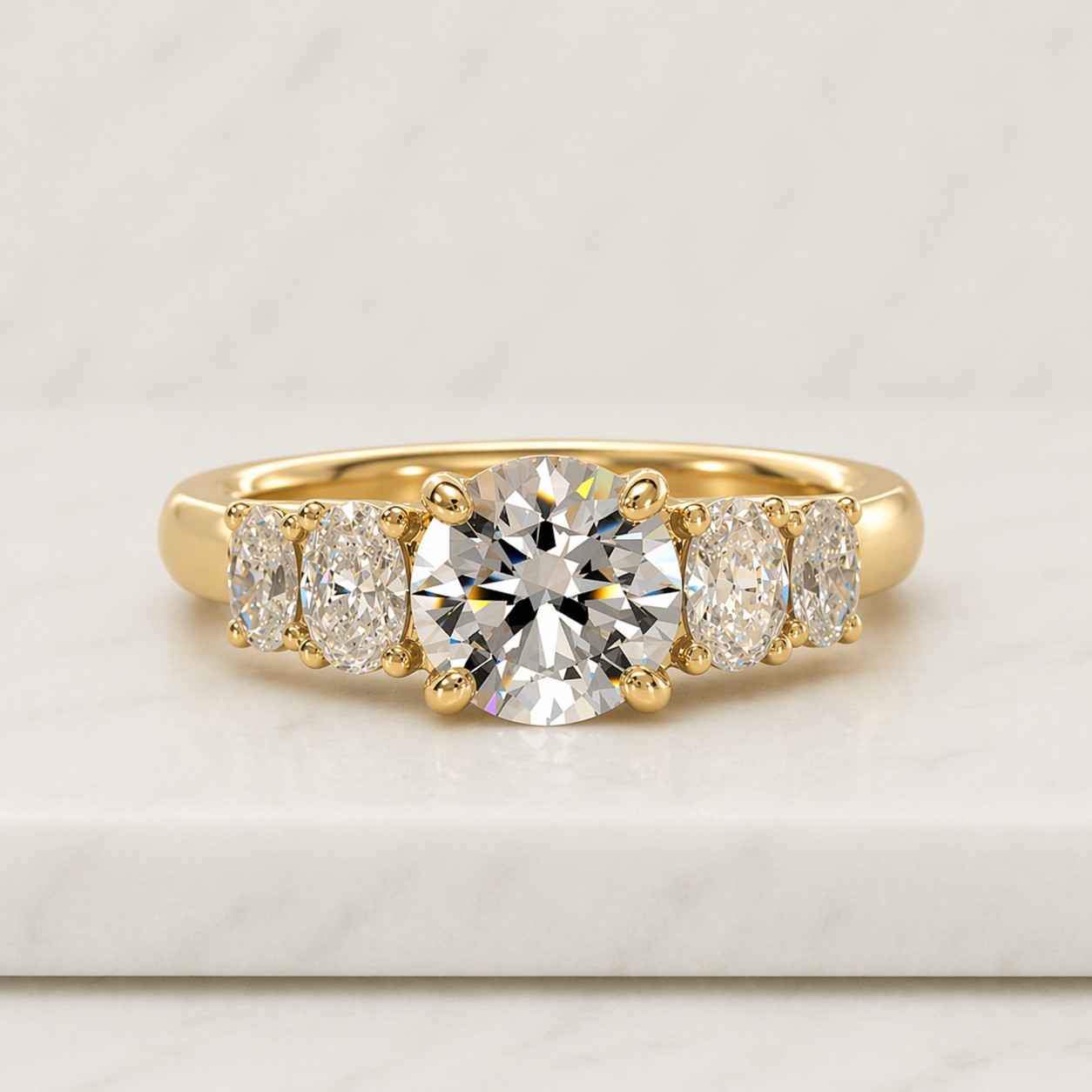 round cut lab grown diamond five stone ring, conflict free diamond wedding ring, claw prong set ring, 14k solid gold engagement ring for her
