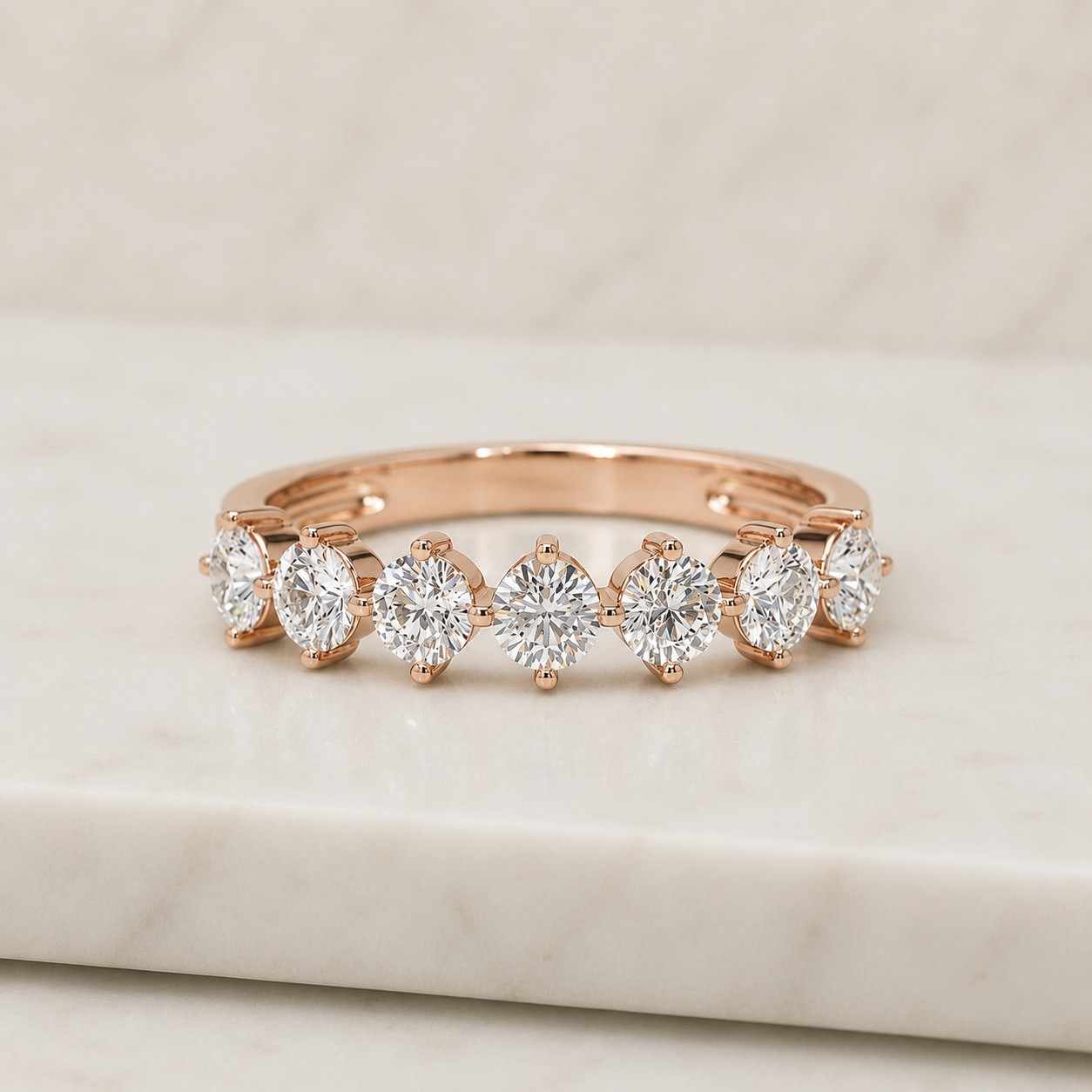 round cut lab grown diamond half eternity band with diamonds on prongs in 4.5mm | stackable half eternity band in 10k 14k 18k gold