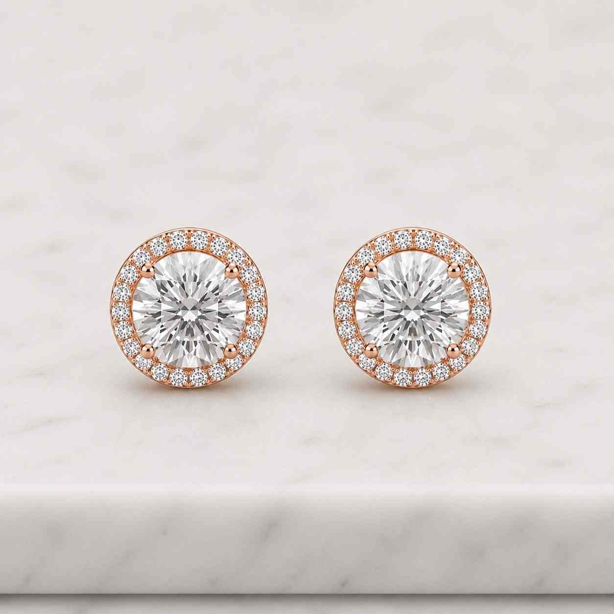 Round Cut Lab Grown Diamond Halo Earrings, Round Solitaire Gold Studs, 14K Gold Minimal Bridal Earrings
