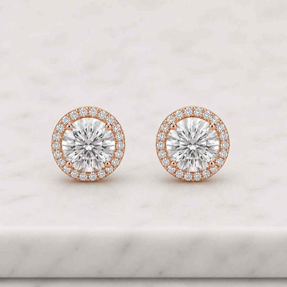 Round Cut Lab Grown Diamond Halo Earrings, Round Solitaire Gold Studs, 14K Gold Minimal Bridal Earrings
