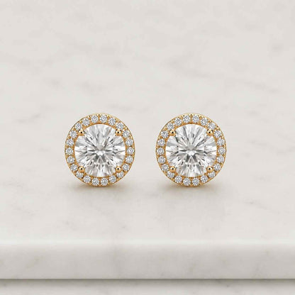 Round Cut Lab Grown Diamond Halo Earrings, Round Solitaire Gold Studs, 14K Gold Minimal Bridal Earrings
