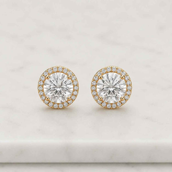 Round Cut Lab Grown Diamond Halo Earrings, Round Solitaire Gold Studs, 14K Gold Minimal Bridal Earrings
